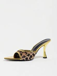 Jin Bei Qi Sandalias de tacón alto tipo mule con punta abierta y estampado de leopardo dorado para mujer, tacones altos glamurosos de verano, tacones altos dorados para exteriores, moda de todas las estaciones, discoteca, fiesta, banquete y reunión, sandalias elegantes para mujer, diseño de tacón de gatito, zapatos de tacón alto para mujer, zapatos casuales cómodos de otoño para mujer - Dorado - Ver 7