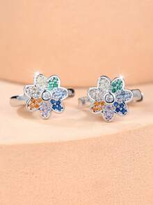 1 Pair Of Exquisite Inlayed Cubic Zirconia Flower-Design Women's Earrings-A Fresh, Eye-Catching Accessory For Everyday Outfits And A Perfect Gift - Silver - View 3
