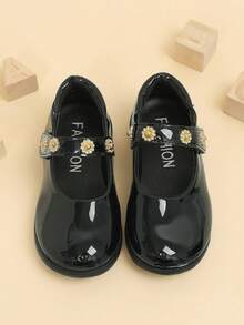 Girls' Black Glossy 3D Rhinestone Flower Mary Jane Shoes, School Style, Suitable For Performances And School Activities - Black - View 2