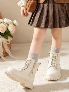 1 Pair Kids British Style Lace-Up Boots With Side Zipper, Easy To Put On And Take Off, Leather Short Boots, Suitable For School, Weekend Outings, Autumn/Winter - Beige - View 3