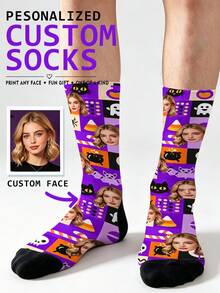 1 Pair Custom Face Halloween Crew Socks, Personalized Photo Socks With Pumpkin, Bat & Candy Print, Funny Spooky Gift For Men Women Couples - Multicolor - View 4