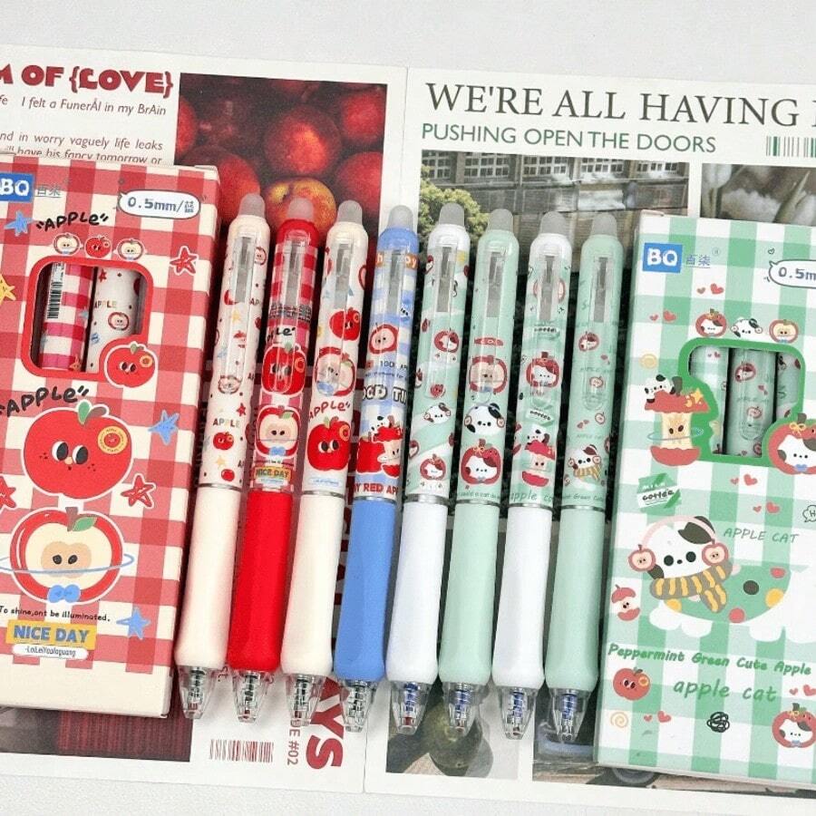 8pcs/Set Red Apple & Puppy Soft Grip Retractable Erasable Gel Pen Set, Compact Portable Design, Built-In Eraser, Exquisite Gel Pens, Blue Ink, Smooth Writing, Back To School, School & Office Supplies, Birthday Gift - Multicolor - View 1