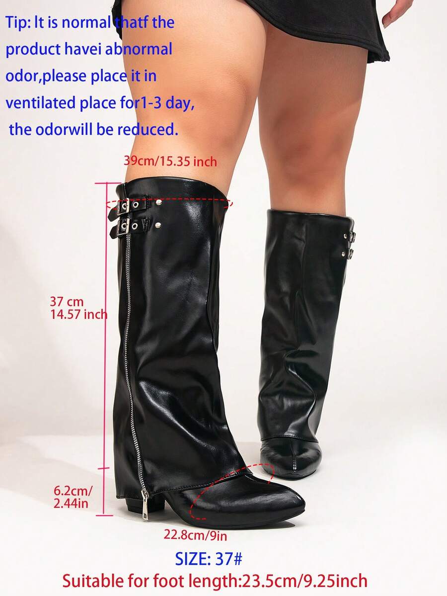 Plus Size Women's Wide Leg Tall Boots With Metal Zipper Buckle Decor, Chunky Heel And Pointed Toe