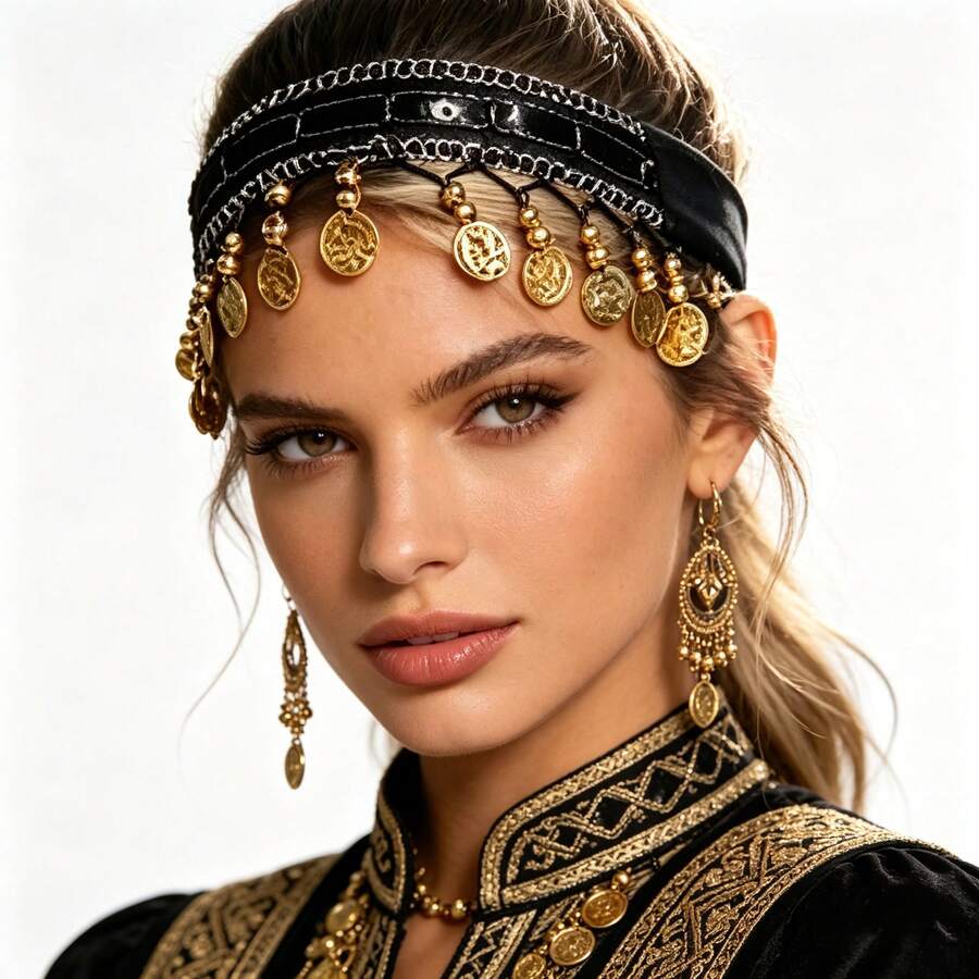 1pc Girls Belly Dance Costume Headband Hair Chain Headpiece, Sequin Skirt Style Crown, Suitable For Festival Party Nightclub Beach Outfit, Bohemian Vintage Style Decoration - Multicolor - View 1