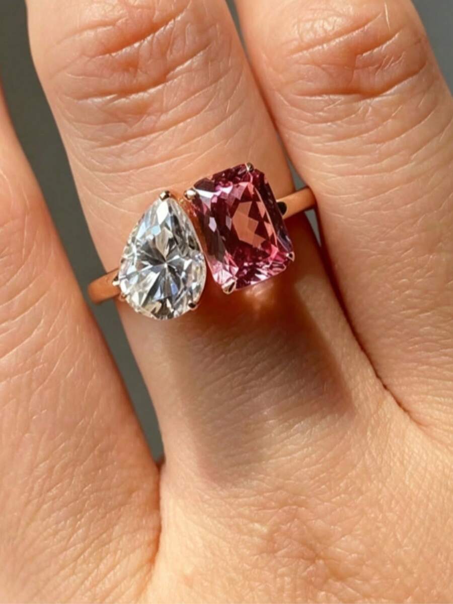 1件女款金色調水鑽心形時尚吊飾精緻高級個性化珠寶戒指，適合訂婚、婚禮、派對、度假、約會、日常配戴，送給女友的禮物 - 金色 - 查看 1