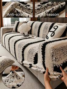 1pc Dual-Color Jacquard Plush Winter Sofa Cover, Elastic Soft Warm Pet-Friendly Non-Slip Old Sofa Renewal, 1-Seater 2-Seater 3-Seater 4-Seater Sofa Protector - Black - View 2