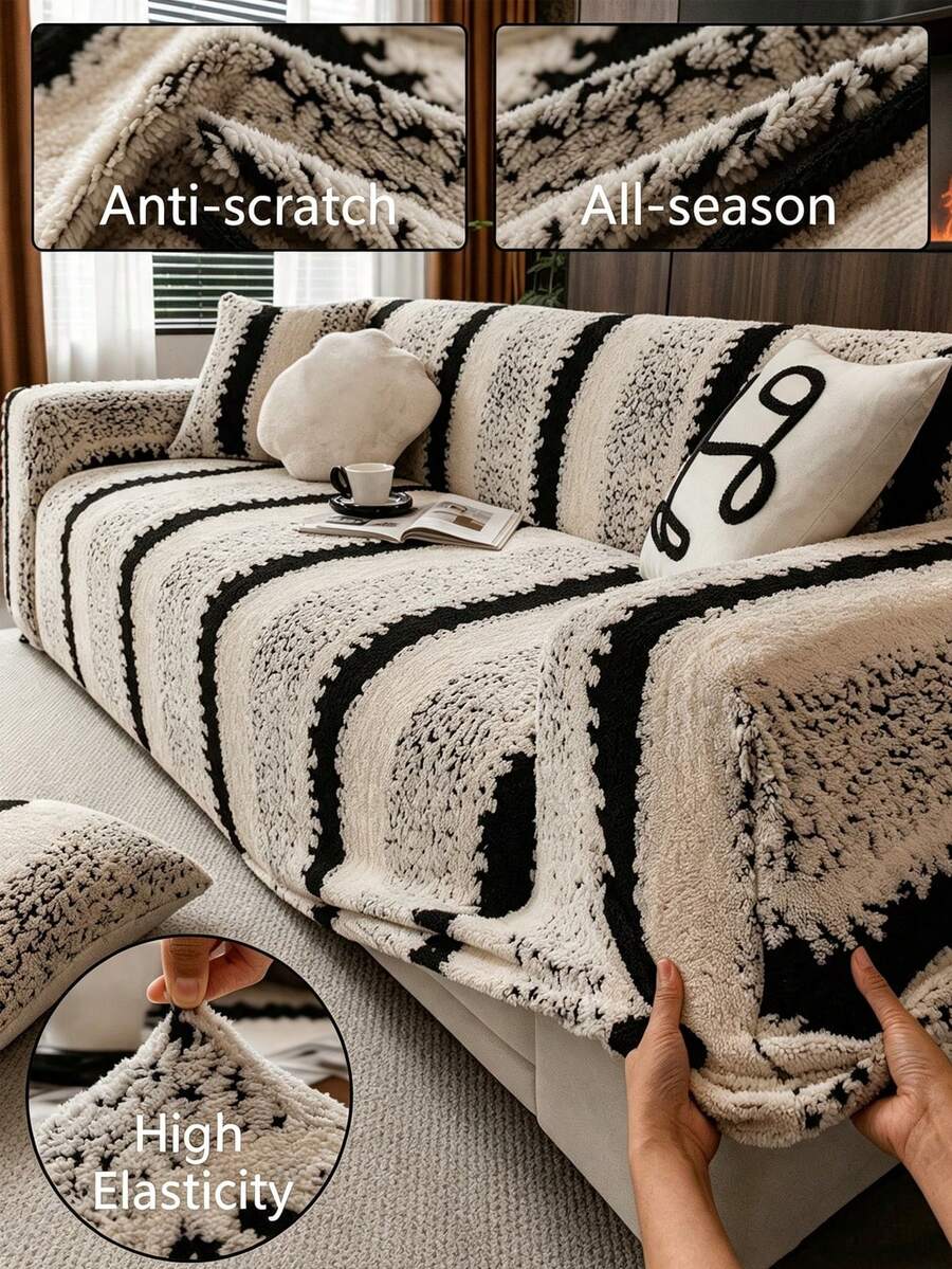 1pc Dual-Color Jacquard Plush Winter Sofa Cover, Elastic Soft Warm Pet-Friendly Non-Slip Old Sofa Renewal, 1-Seater 2-Seater 3-Seater 4-Seater Sofa Protector