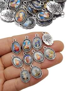 Mixed Image Enamel Our Lady Medal Floral Rosary Centerpiece Jesus Mary Catholic Alloy Crucifix Jewelry Making Charm 19mmx12mm - Multicolor - View 1
