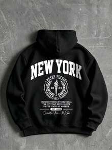 Men's Casual Sports Commute Versatile New York Print Long Sleeve Hooded Pullover Fleece Sweatshirt - Black - View 2