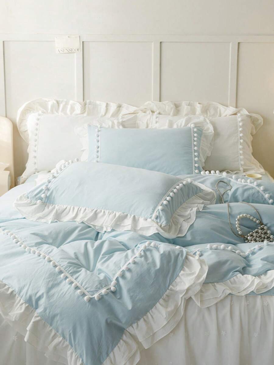 3pcs Skin-Friendly Soft Comfortable Light Blue Pom Pom Lace Double Layer Ruffle Bedding Set (1*Duvet Cover+2*Pillowcases, No Fillers), French Country Style, Lady Style, Girly Style, Bohemian Rural Style, Suitable For Bedroom, Guest Room, Boys And Girls Bedding, Machine Washable, All Season Use - Baby Blue - View 1