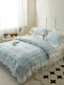 3pcs Skin-Friendly Soft Comfortable Light Blue Pom Pom Lace Double Layer Ruffle Bedding Set (1*Duvet Cover+2*Pillowcases, No Fillers), French Country Style, Lady Style, Girly Style, Bohemian Rural Style, Suitable For Bedroom, Guest Room, Boys And Girls Bedding, Machine Washable, All Season Use - Baby Blue - View 4