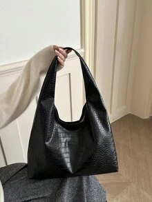 女款純色PU皮革時尚大容量日常通勤單肩包 - 黑色 - 查看 5