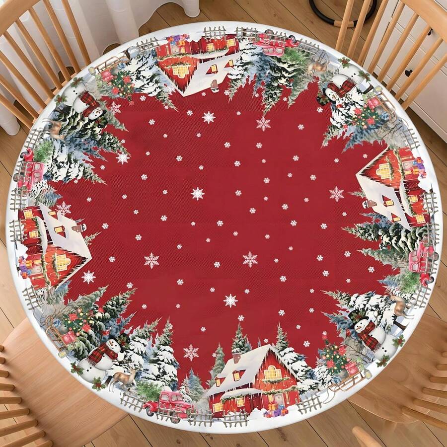 Christmas Red Round Fitted Tablecloth With Elastic Christmas Tree Snowflake Design Washable Winter Tablecloth For Kitchen Dining Party Picnic - Multicolor - View 1