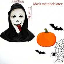 Máscara de Látex de Cabeça Completa com Rosto de Fantasma Aterrorizante com Língua para Fora, Acessório de Cabeça com Lenço Preto de Fantasma, Adereços de Cosplay de Halloween, Acessório de Cabeça para Fantasia de Casa Assombrada e Festa à Fantasia - Visão 11