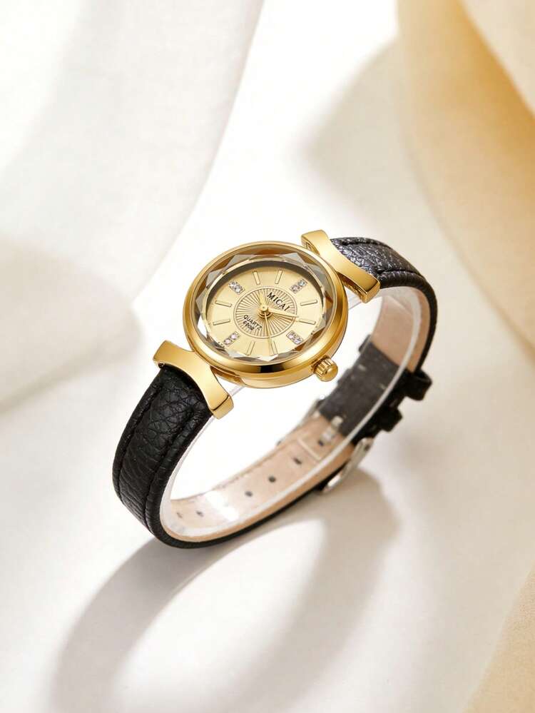 1 Pc Women's Gold Shell Gold Face Round Jewelry Quartz Watch, Niche Fashion, Black PU Strap, Light Luxury Elegant Women's Watch - Black - View 3