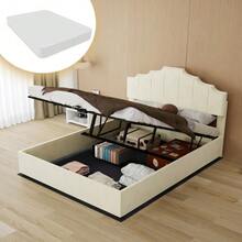 Modern Minimalist Upholstered Bed, Comfortable And Soft Headboard, Multifunctional Bedroom Furniture, High Box Spring Bed Frame With Gas-Pressure Spring, Including 140*200cm Mattress. - 米色 - 查看 2