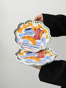 1pc Ins Style Cute Coffee & Bread Print Ceramic Plate, Home Breakfast Bread Plate, Western Dinner Plate, Steak & Pasta Plate, Fruit & Salad Plate, Holiday Gift - Multicolor - View 7