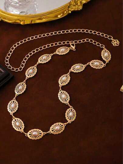 1pc Women's Bohemian Western Style Carved Geometric Pattern Vintage Waist Chain, Casual Fashion Accessory
