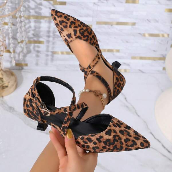 Zapatos de tacón alto para mujer con punta fina y tacón de gatito, estampado de leopardo versátil para uso diario y desplazamientos, zapatos de tacón alto, adecuados para el trabajo, compras, uso en la oficina, calzado de primavera navideño, estampado de leopardo, playa, hebilla, fiesta