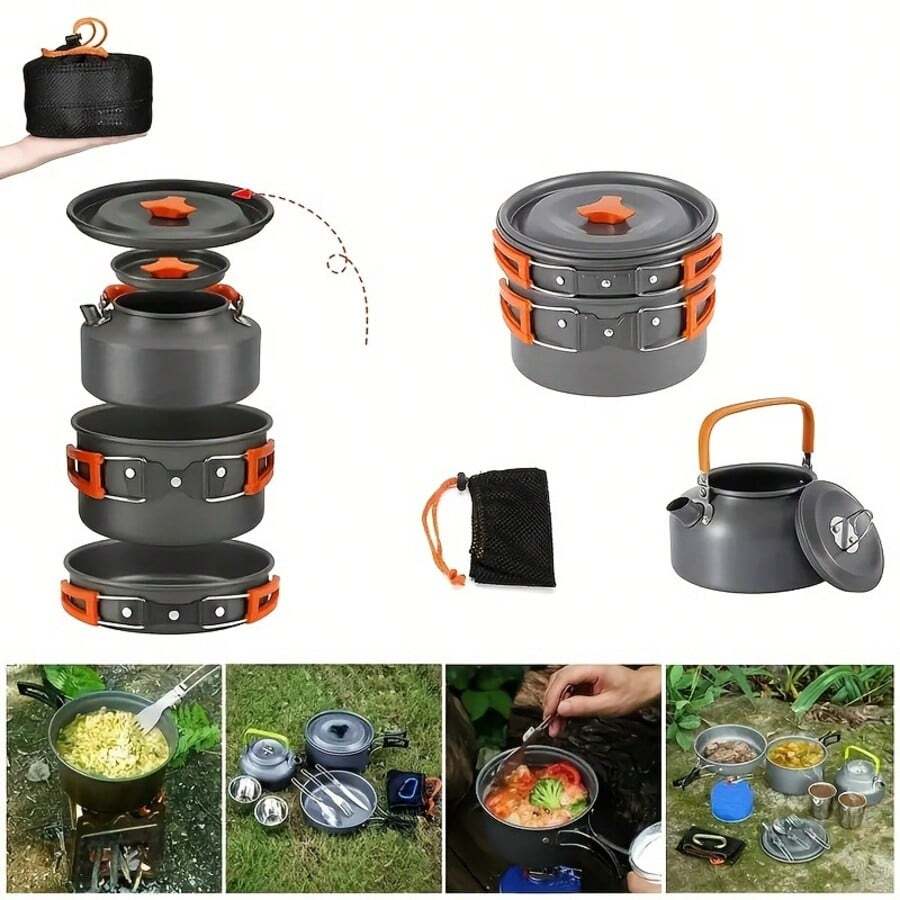 Outdoor Camping Cookware Set With Portable Folding Handle, Kettle, Frying Pan, Cooking Pot, Picnic Cookware With Storage Mesh Bag - Multicolor - View 1