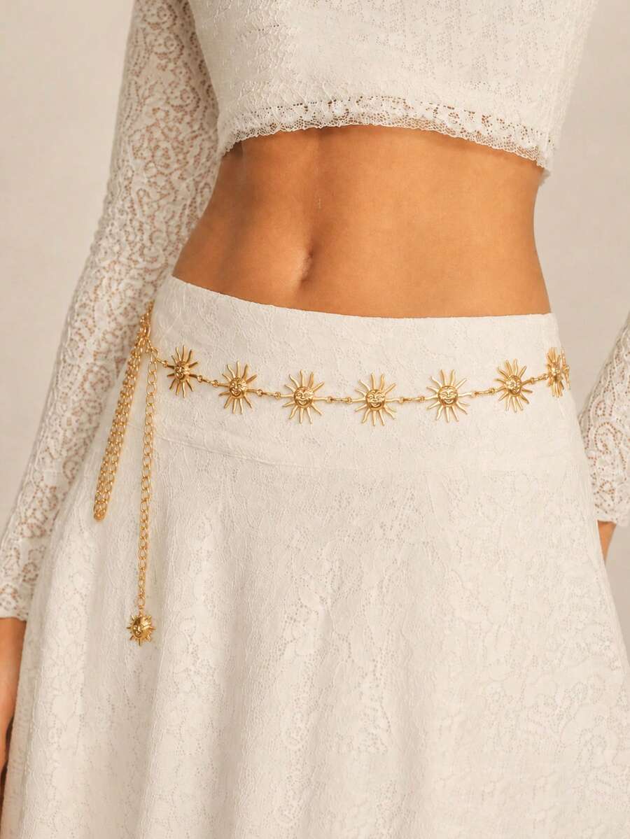 1 pieza Cadena de cintura minimalista dorada con estilo bohemio y diseño de girasol sonriente, adecuada para bodas, fiestas, eventos y talla grande - Amarillo Oro - Ver 1