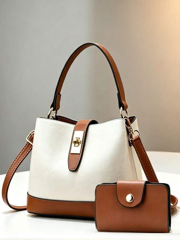 Conjunto de 2 piezas de bolso cubo blanco & marrón con bloques de color para mujer, con asa superior, bolso bandolera y tarjetero a juego