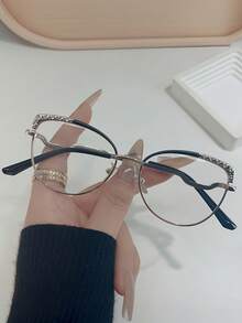 1副女士银色猫眼金属框无度数时尚装饰眼镜 - 銀色 - 查看 10