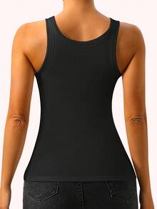 1pc Spring/Summer Ribbed Tank Top 2-In-1 With Built-In Cup Pads Casual Vest - Black - View 4