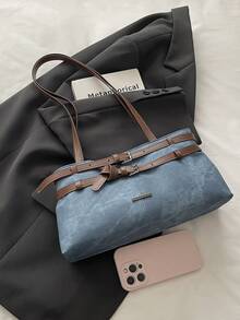 1pc Blue Large Capacity Contrast Color PU Tote Bag Women's Shoulder Bag - Blue - View 4