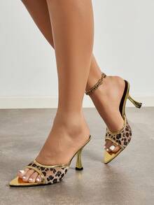 Jin Bei Qi Sandalias de tacón alto tipo mule con punta abierta y estampado de leopardo dorado para mujer, tacones altos glamurosos de verano, tacones altos dorados para exteriores, moda de todas las estaciones, discoteca, fiesta, banquete y reunión, sandalias elegantes para mujer, diseño de tacón de gatito, zapatos de tacón alto para mujer, zapatos casuales cómodos de otoño para mujer - Dorado - Ver 5