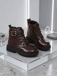 1 Pair Kids' Vintage Buckle Boots, Glossy PU Upper, Thick Sole, Anti ...