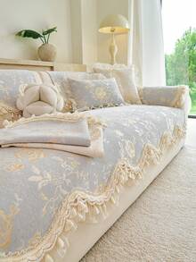 1pc Luxury Chenille Floral Jacquard Sofa Cover, French Style Ruffle Trim Tassel Lace Edge Non-Slip Sofa Protector Pad, All Season Living Room Sofa Slipcover - Grey - View 3