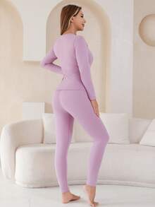 1 Set Women's Medium-Thick Knitted Wool & Silk Comfortable Slim Fit Thermal Warm Home Wear Set For Autumn, Winter And Spring - Mauve Purple - View 3