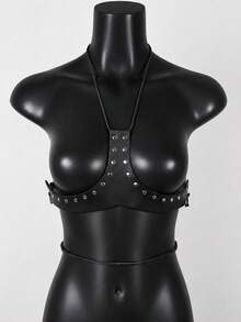 1件女款黑色龐克風倒Y型PU皮革細肩帶胸部束帶身體飾品，適合音樂節、派對、演唱會與表演 - 黑色 - 查看 2