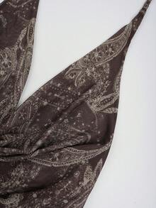 Retro Halter Backless Vest For Women, Sheer Chiffon Cowl Neck Cashew Flower Print, Relaxed Vacation Style Casual Summer Brown - Brown - View 3