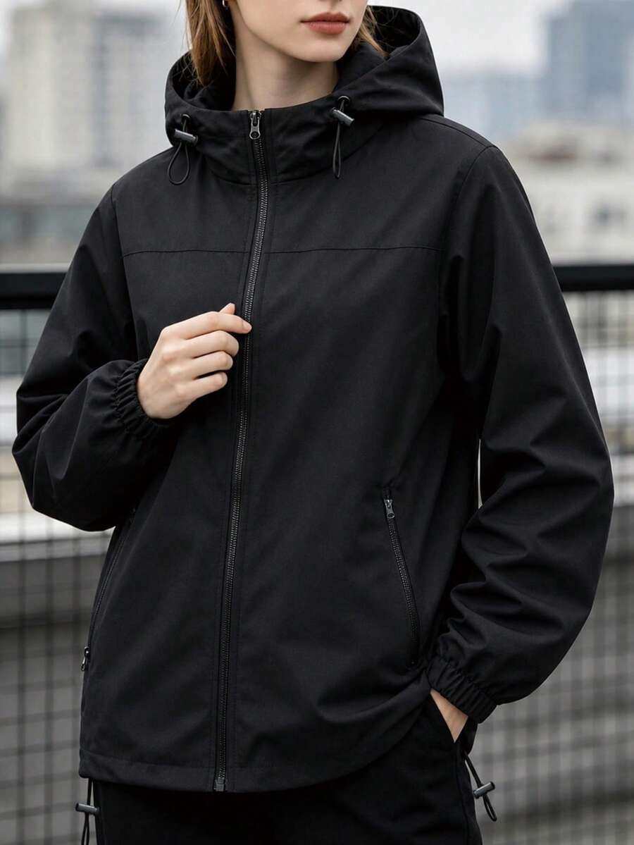 Women's Casual Outdoor Lightweight Zip-Up Hooded Jacket With Pockets, Plus Size Sports Jacket, Black. - Black - View 1
