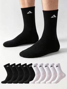 5/10 Pairs Men's Sports Socks, Simple All-Match Solid Color, Vertical Stripe Breathable Mid-Calf Socks, Suitable For Running, Black & White Versatile Style - Multicolor - View 12