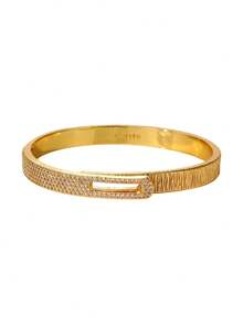 1pc Women's Luxury Textured Gold Hinge Bracelet, Sparkling Rhinestone Zirconia Clasp, Birthday Anniversary Holiday Gift, Daily Commute Jewelry - Gold - View 7
