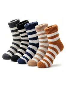 5 Pairs Random Style Men's Striped Coral Fleece Mid-Calf Socks, Soft Fluffy Skin-Friendly Warm, Thick Comfortable Home Winter Socks - Multicolor - View 4
