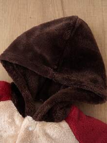 Autumn/Winter Plush Baby Hooded Footed Romper, Bear Embroidery Colorblock Raglan Sleeve Thickened Warm Crawler Suit - Brown - View 5