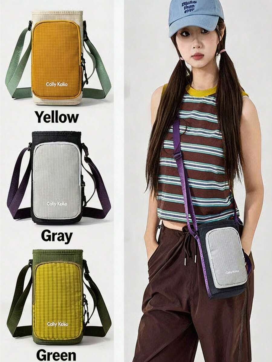 Túi đeo chéo thiết kế độc quyền có ngăn đựng điện thoại, chất liệu nylon, khóa kéo, có sẵn màu cam/xanh lá nhạt/xanh dương nhạt/xám/đen