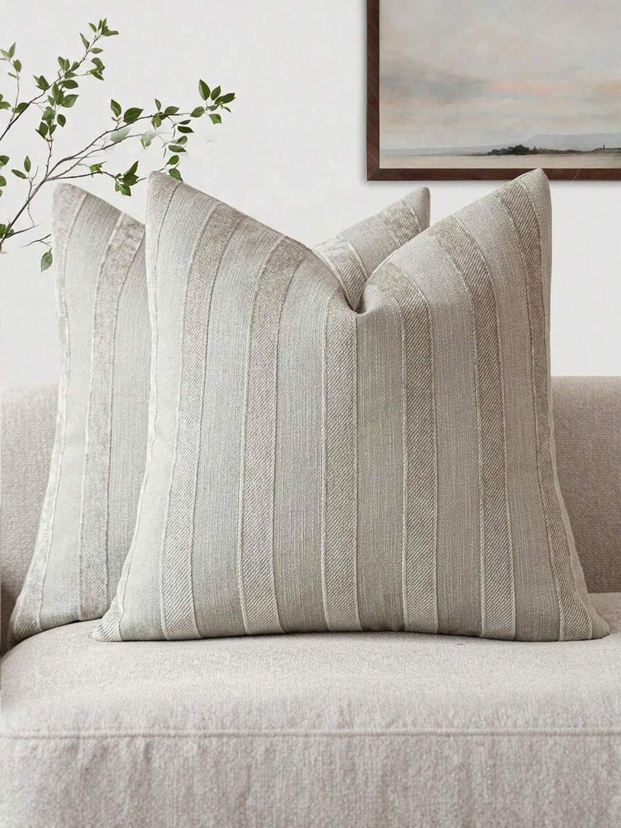 1pc/2pcs Grey 3D Striped Throw Pillow Cover (Pillow Insert Not Included), Modern Fashionable Soft Chenille And Faux Linen Blend Dual-Tone Striped Comfortable Cushion Cover, Suitable For Home Sofa, Bedroom, Decor, All Seasons