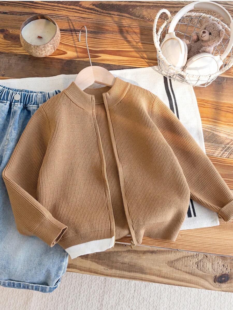 Boys' Stand Collar Full Zip Long Sleeve Knit Cardigan, All-Match Ribbed Texture, Minimalist Casual Versatile Knit Jacket, Suitable For School Daily Wear, Autumn/Winter - Khaki - View 1