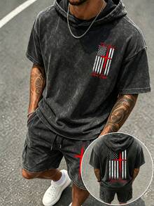 [Simple]Men's Retro Distressed Hooded Short-Sleeve T-Shirt And Cargo Shorts Set, Machine Washable Fabric, Printed Set, Comfortable Summer Streetwear. - Black - View 3