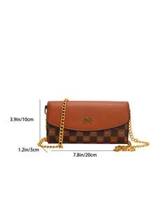 Classic Checkerboard Patchwork Contrast Color Shoulder Bag, Horizontal Compact Body Can Store Phone, Lipstick, Powder, Keys And Other Small Personal Items, Paired With Metal Chain Strap, Flap Magnetic Closure, Suitable For Commuting, Work, Dating, Shopping And Daily Outings - Brown - View 2