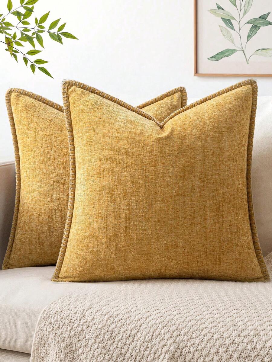 1pc Soft & Comfortable Skin-Friendly Double-Sided Chenille Pillow Cover With Sewn Edges (Without Filler), Velvet Farmhouse Pillow Sham For Spring/Summer, Decorative Square Pillow Case For Sofa/Bed - Gold - View 1