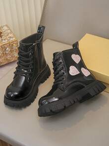 Girls' Heart Sequin Boots, PU Side Zipper Non-Slip Thick Sole Children's Ankle Boots, Suitable For Party, School, Daily Wear - Black - View 5
