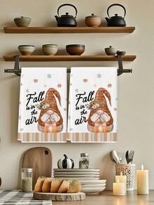 2Pcs Fall Is In The Air Gnome Pumpkin Kitchen Towel Set, Plaid Hat Gnome Floral Maple Leaf Farmhouse Fall Thanksgiving Dish Hand Towels - White - View 3