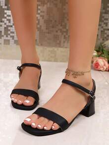 Women's Basic Single Strap Square Toe Buckle Sandals, Comfortable Chunky Heel, Suitable For Office And Party Occasions - Black - View 5