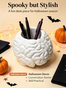 Novelty Brain‑Shaped Makeup Brush Holder, Creative Dual‑Grid Desktop Pen Cup, Vanity Cosmetic Eyebrow Brush Storage Box, Fun Halloween Decor Ornament, Office Stationery Sundries Organizer Bucket - Multicolor - View 1